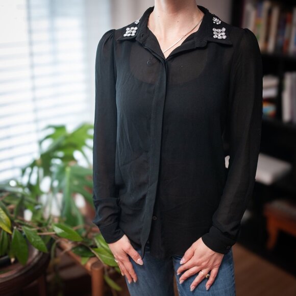 Michael Kors Tops - Michael Kors Embellished Collar Sheer Blouse XS Black Jewel Rhinestone Top Glam
